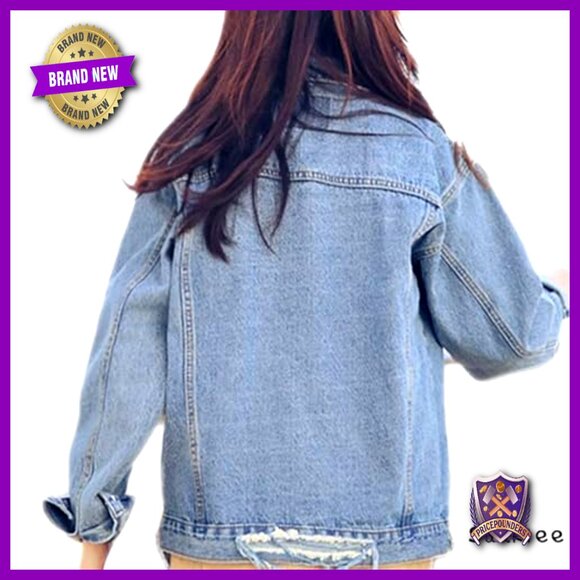 Oversized Distressed Denim Jacket Boyfriend Fit Casual Y2K Retro Chic - Picture 6 of 6